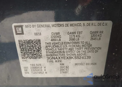 2019 Chevrolet Equinox Premier from USA, damaged, VIN 3GNAXYEX9KS524139